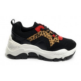 Scarpe donna sneaker con zeppa Gold&gold ecopelle/ tessuto nero/ leopardo/ rosso D20GG43