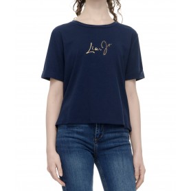 T shirt donna Liu Jo con logo in strass blu ES24LJ04 TA4135 JS003